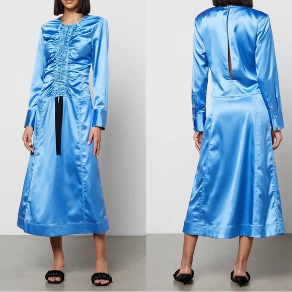 GANNI NEW Ruched Back Cut Out Satin Midi Dress In Granada Sky Size 38